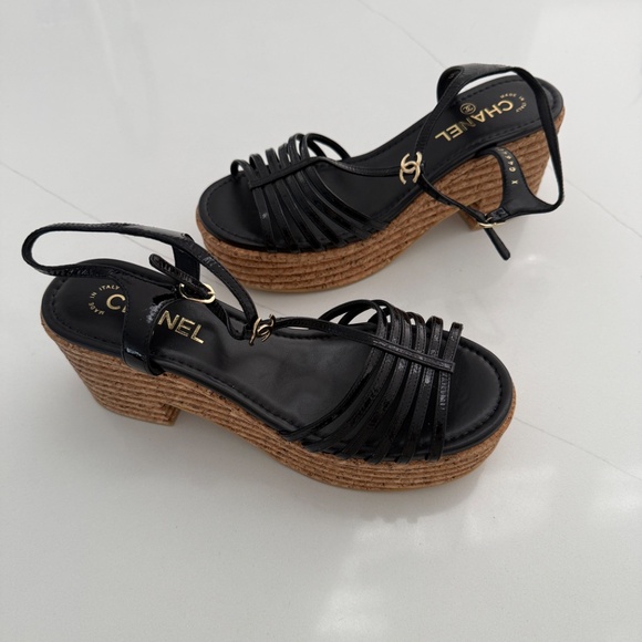 CHANEL Black Patent leather Cork Heel Platform Wedges CC Logo - Picture 7 of 10